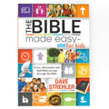 Kids Bible book with colorful illustrated cover, cross, people, and dove icons
