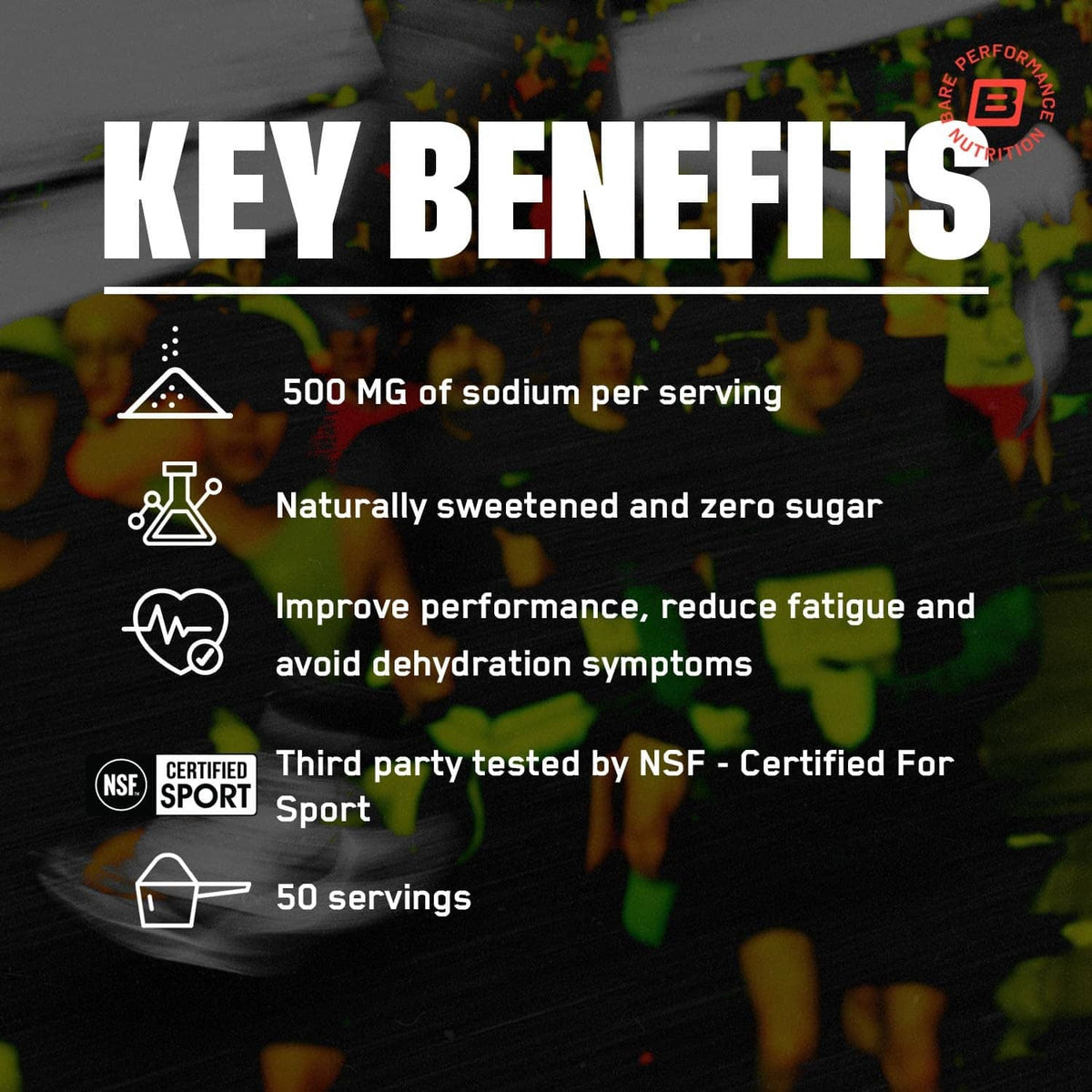 Electrolytes drink mix bottle with key benefits icons and NSF certified sport badge