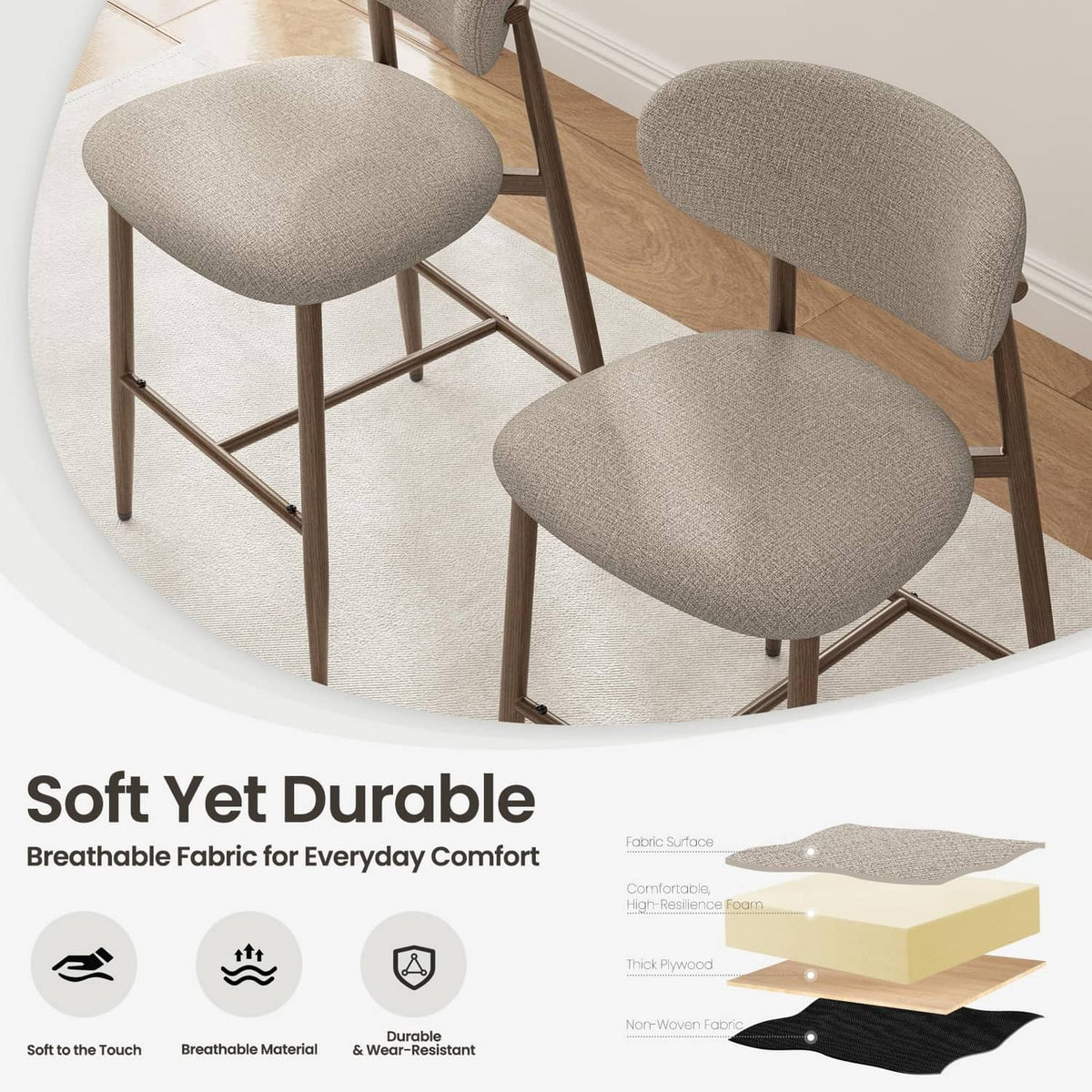 MALOL set of three counter-height bar stools with round gray upholstered seats and wood legs