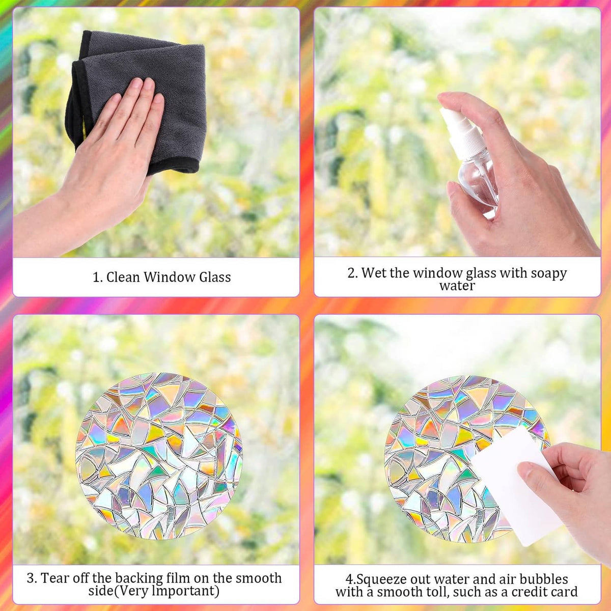 Window decal installation instructions: clean glass, apply film, smooth and remove air
