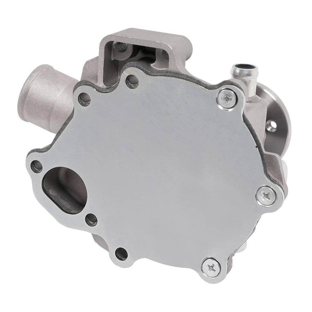Water pump housing with mounting holes and sealed cavity, silver metal construction