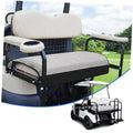 Two-person golf cart seat cover set with light beige headrest and gray bench