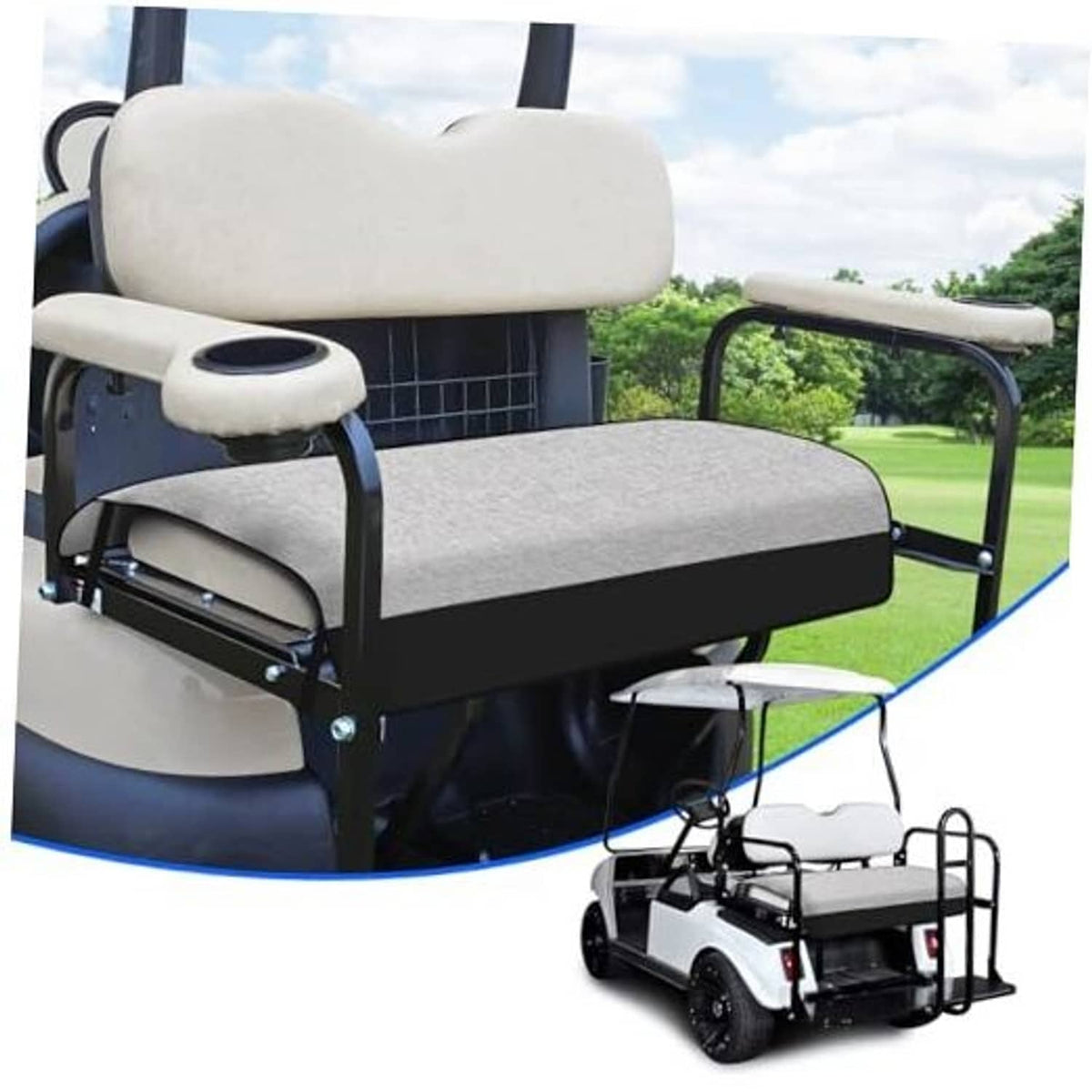 Two-person golf cart seat cover set with light beige headrest and gray bench