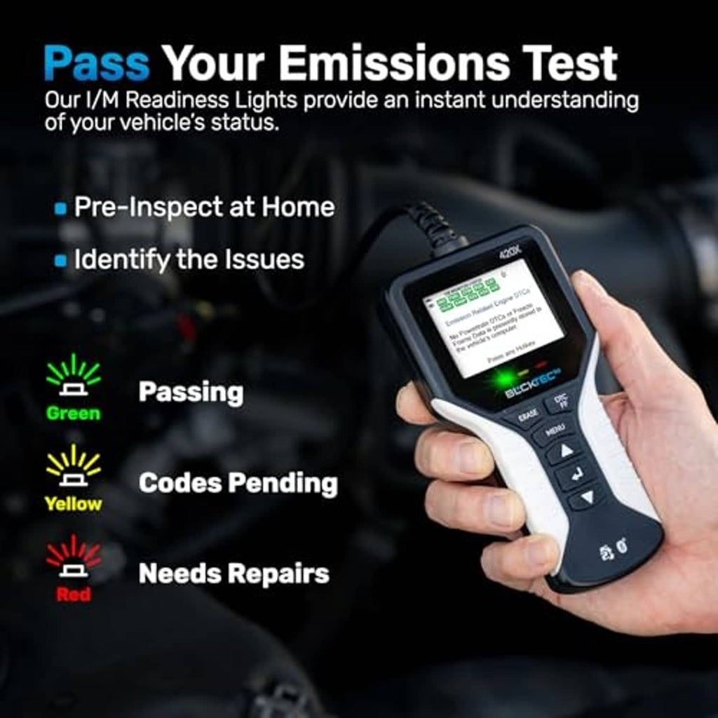 Hand holding BLCKTEC OBD2 scanner with lit screen and keypad buttons