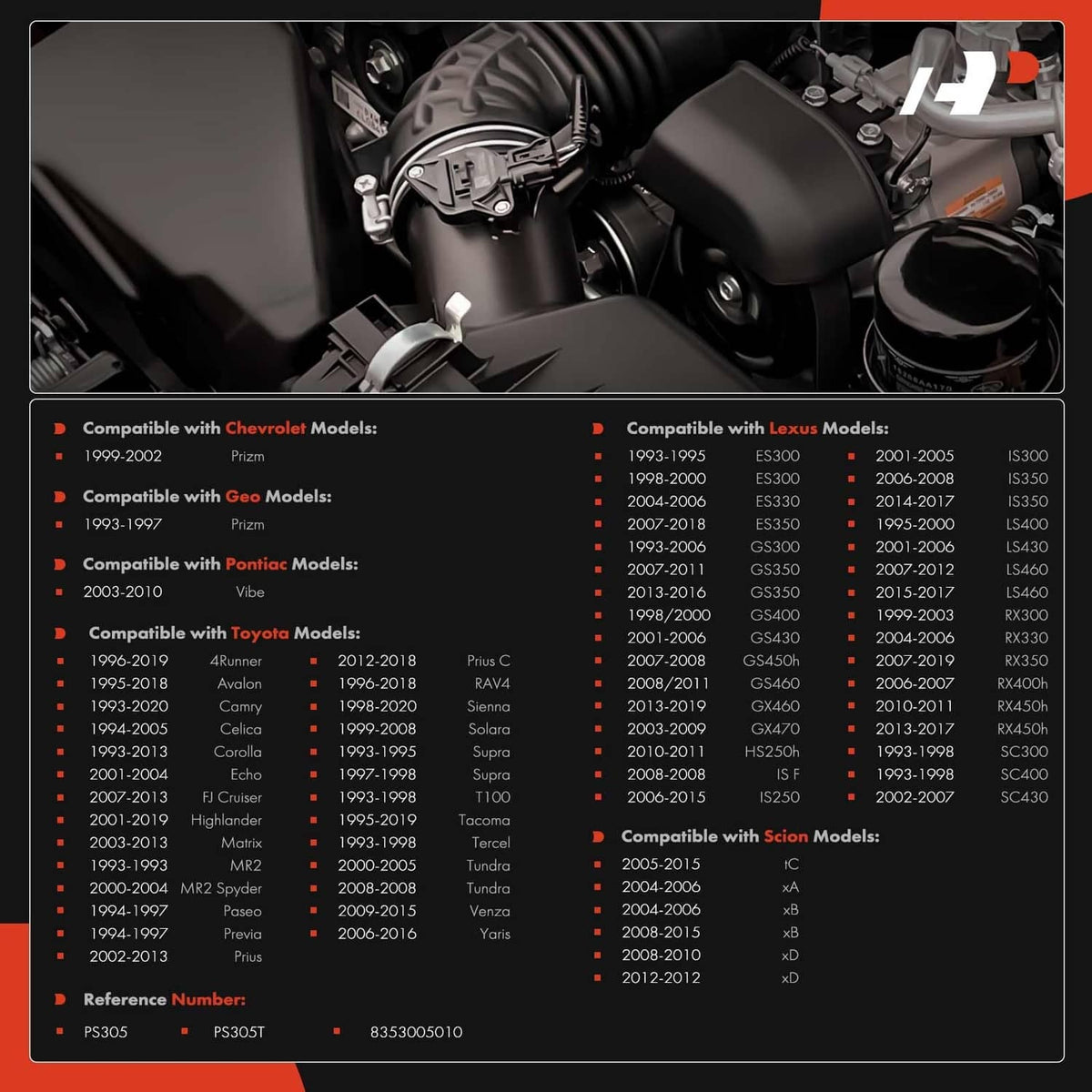 Engine oil pressure sender switch product box with compatibility list and diagram