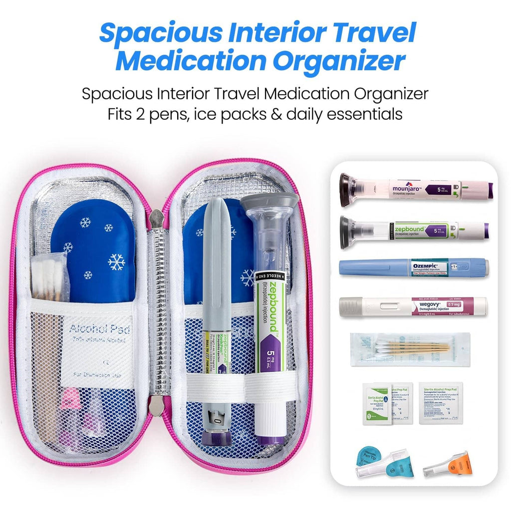 Bright pink medication organizer travel case with interior compartments and two blue ice packs