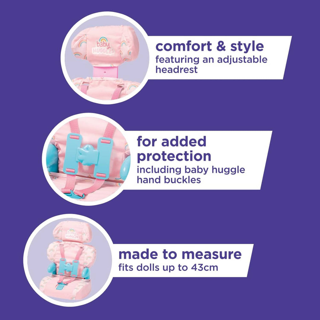 Pink doll booster seat shown with adjustable headrest and blue safety buckles