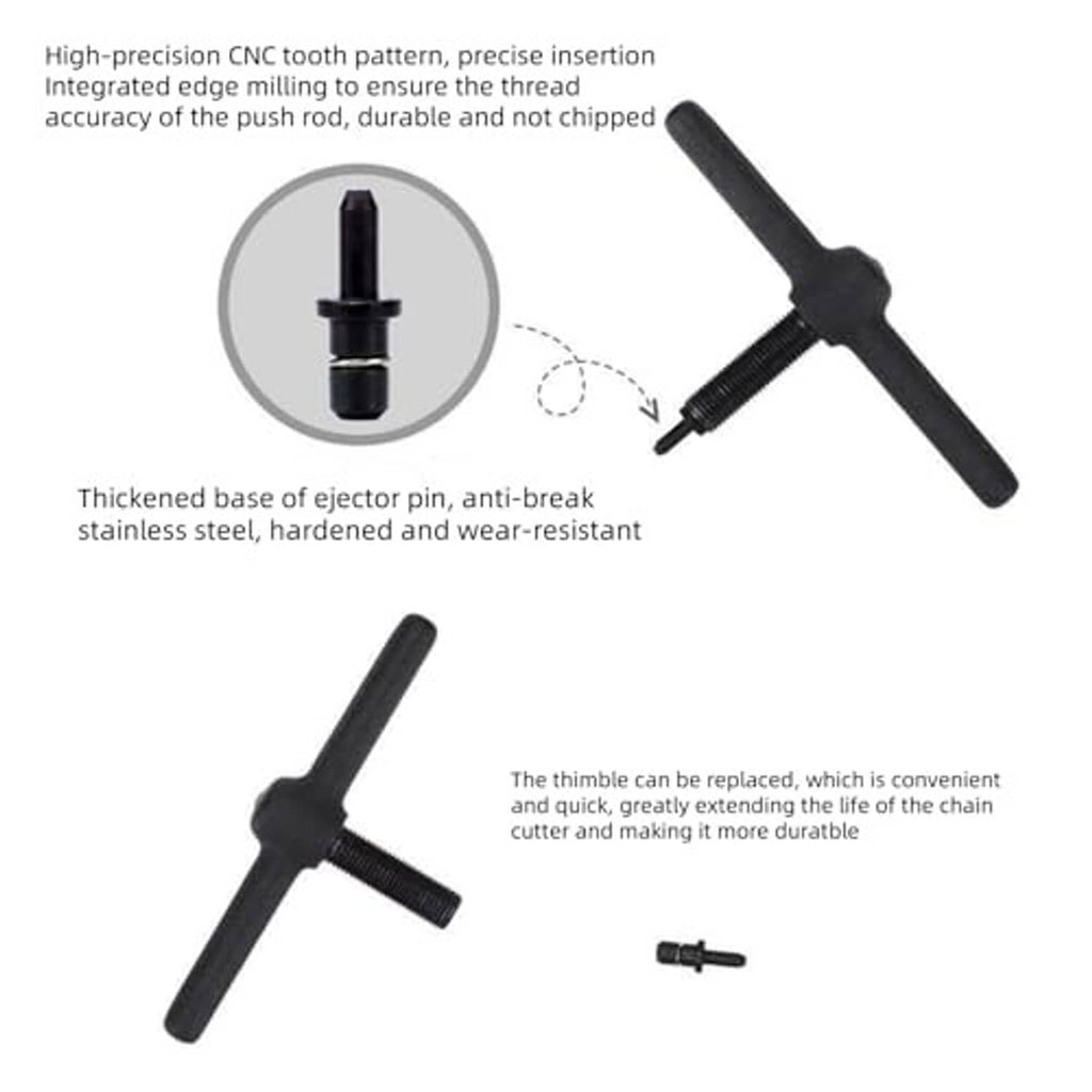 Bike chain tool showing threaded ejector pin and thickened base on black handle.