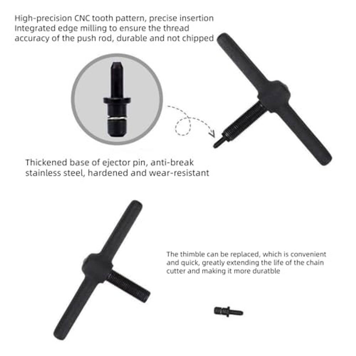 Bike chain tool showing threaded ejector pin and thickened base on black handle.
