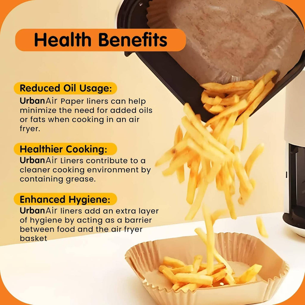 Air fryer paper liner health benefits panel with reduced oil and hygiene notes