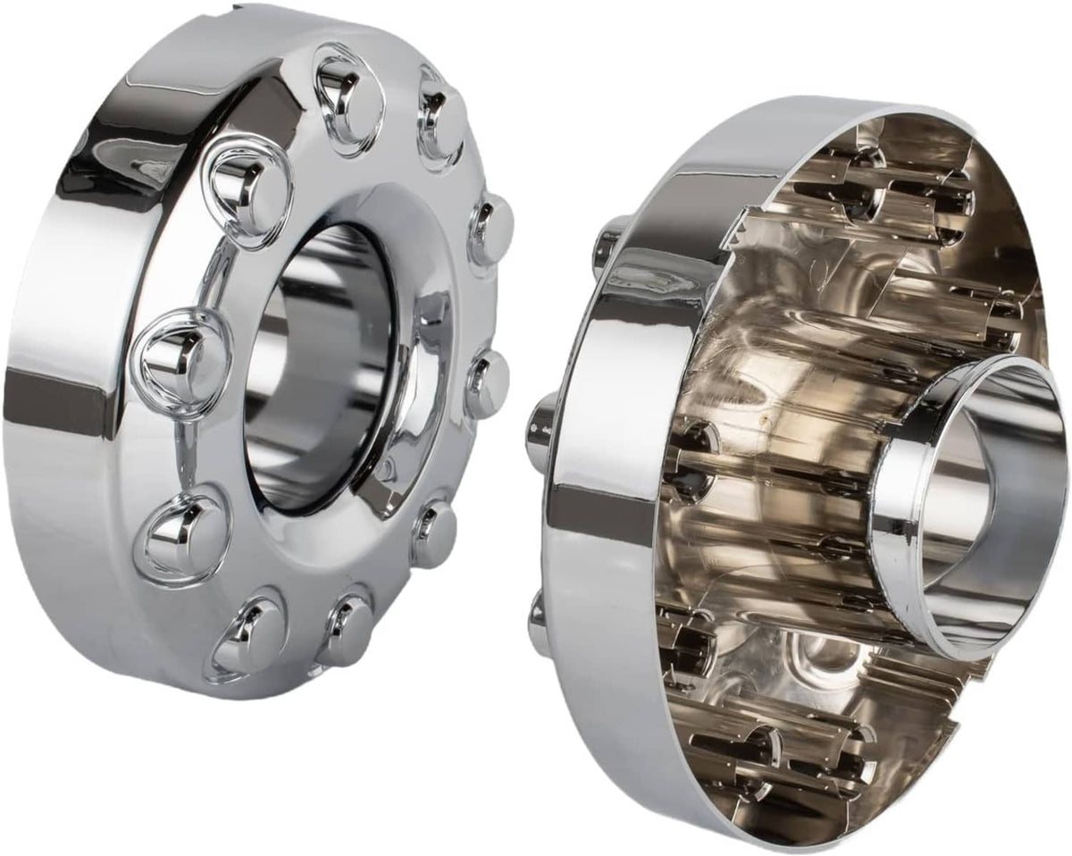 Chrome wheel center hub cap front and back views showing inner mounting clips
