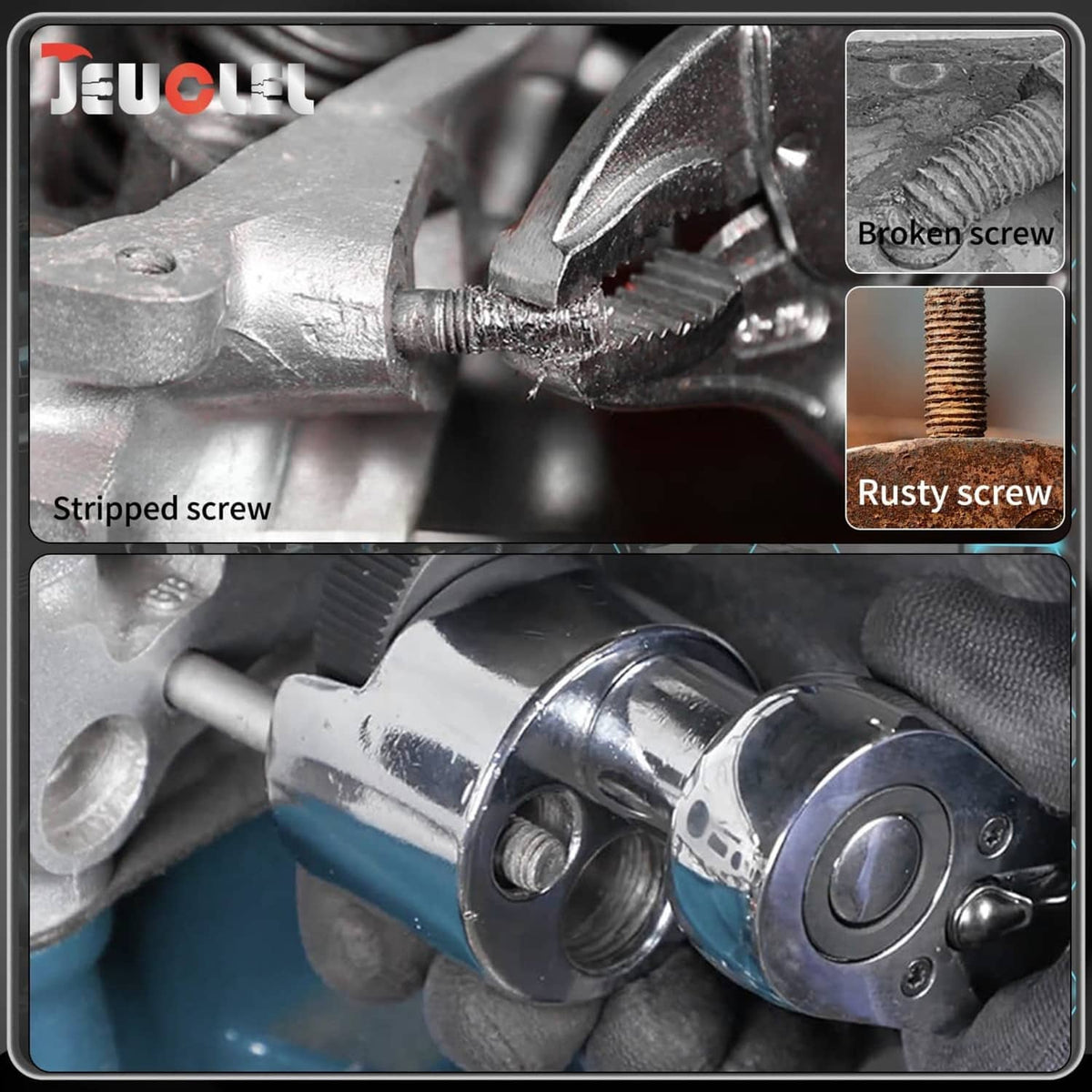 Stud remover extractor tool clamping a stripped screw and fastener