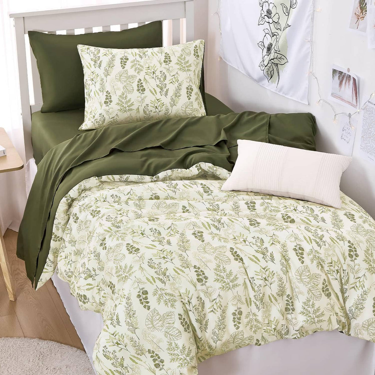 Olive comforter set with green botanical leaf print and matching pillowcases
