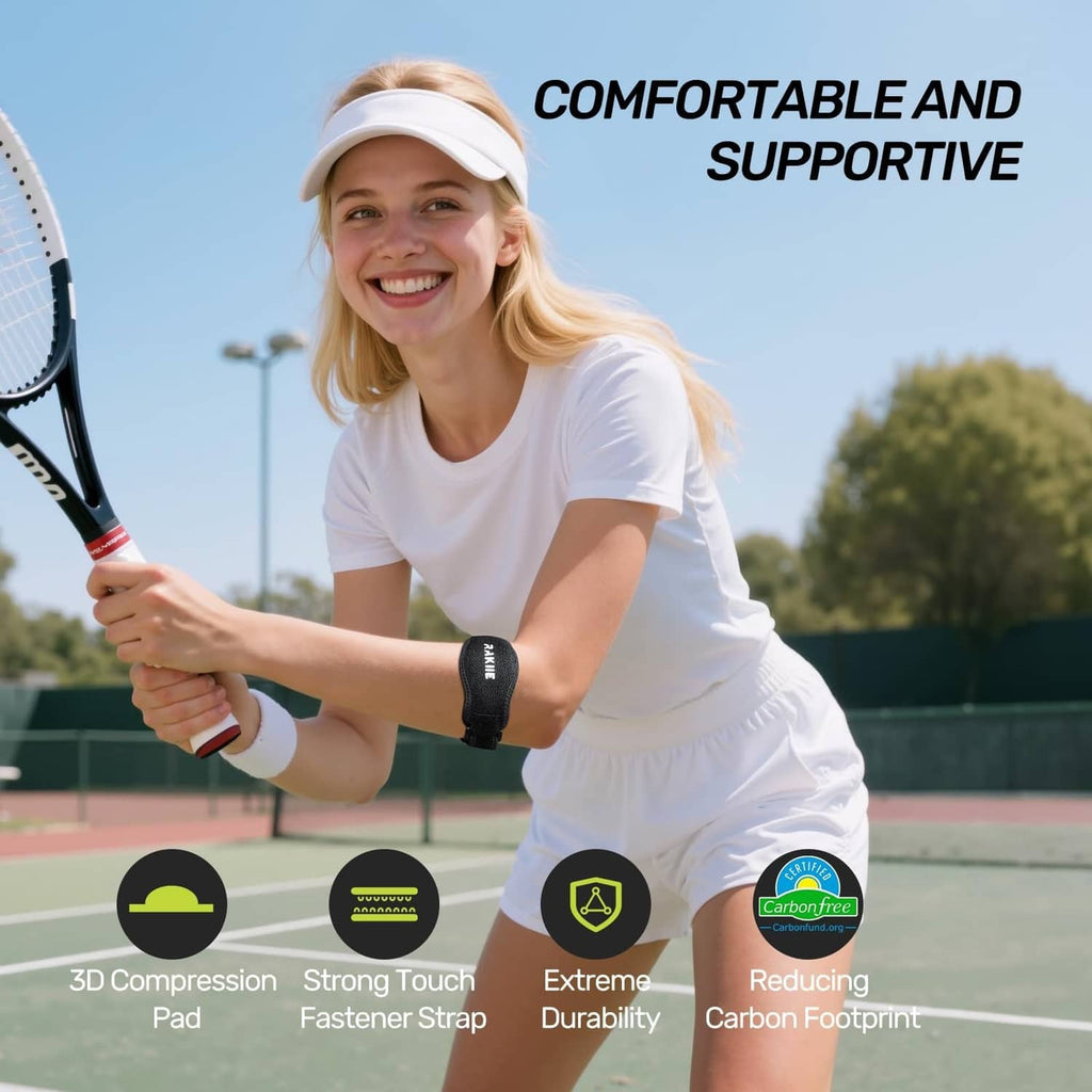 Tennis elbow brace set: black adjustable strap with blue lined support pad.