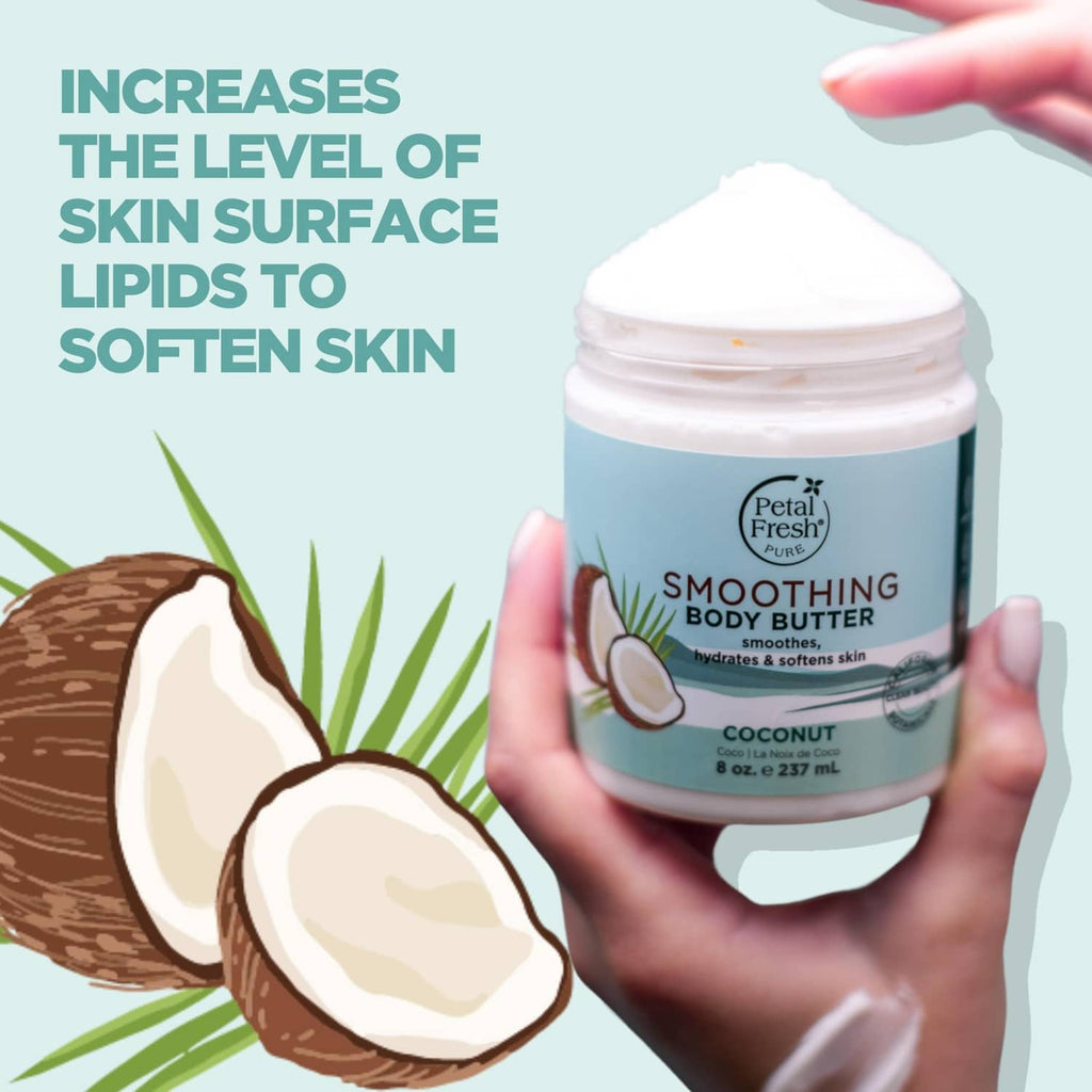 Smoothing body butter jar held in hand with thick white cream scoop