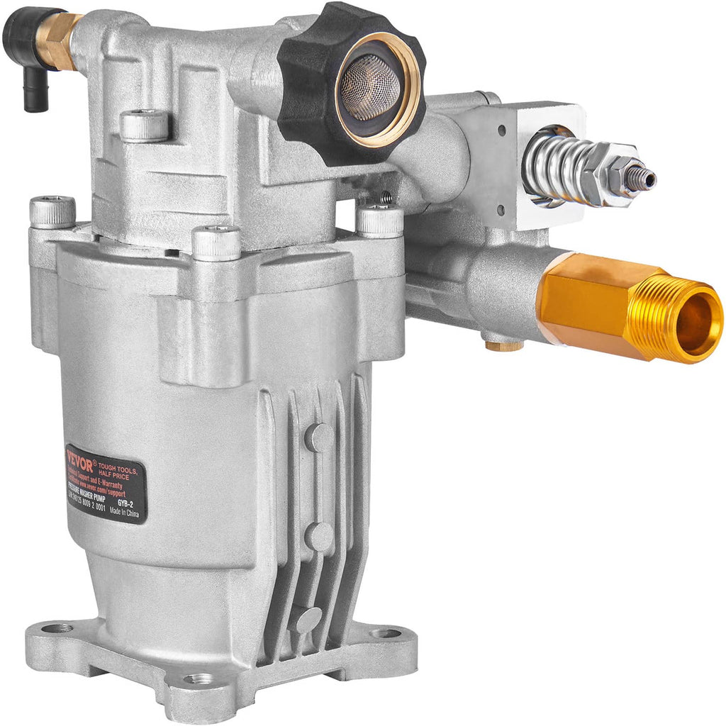 Pressure washer pump angled view with gold outlet port and black inlet filter, silver casing