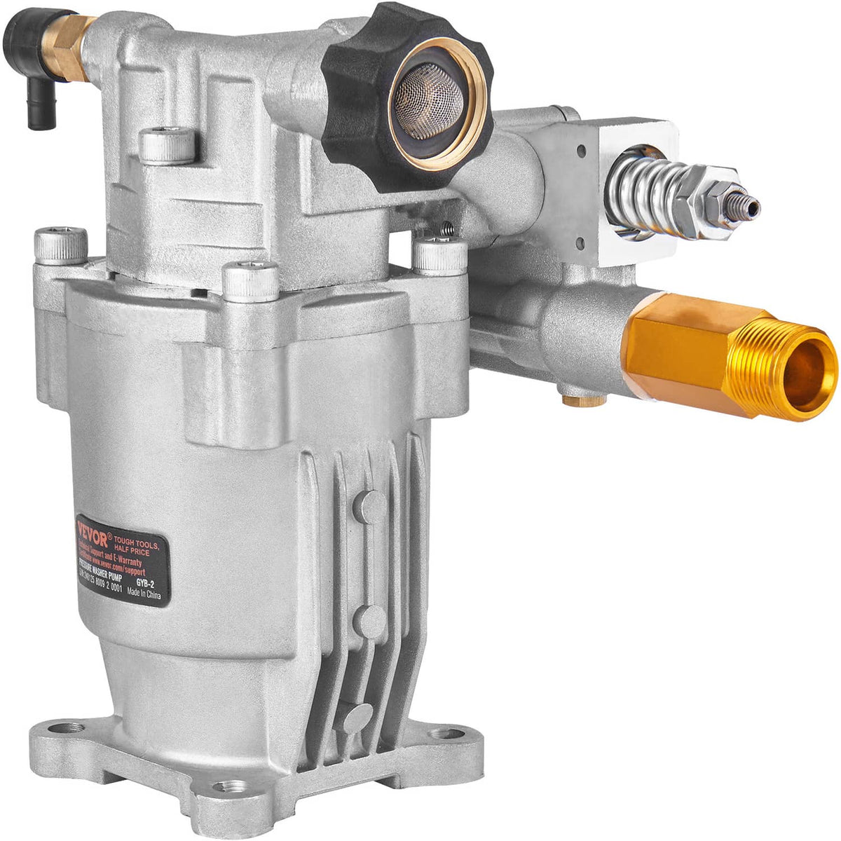 Pressure washer pump angled view with gold outlet port and black inlet filter, silver casing