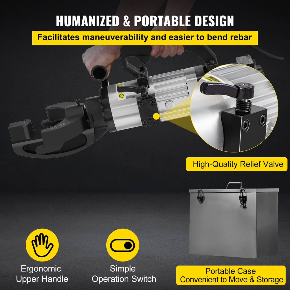 Electric rebar bender with ergonomic handle, relief valve, and portable case