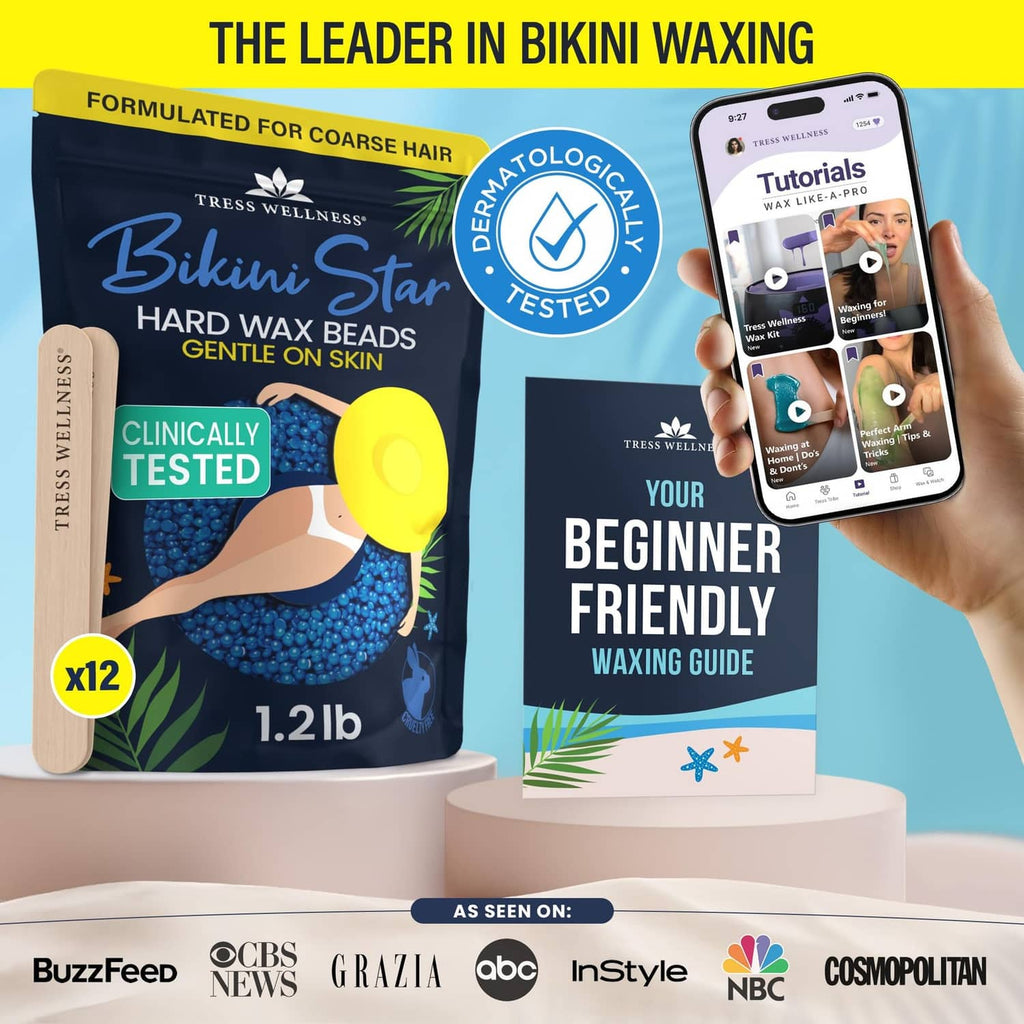 Hard wax beads pouch with bikini star label, plus beginner waxing guide booklet