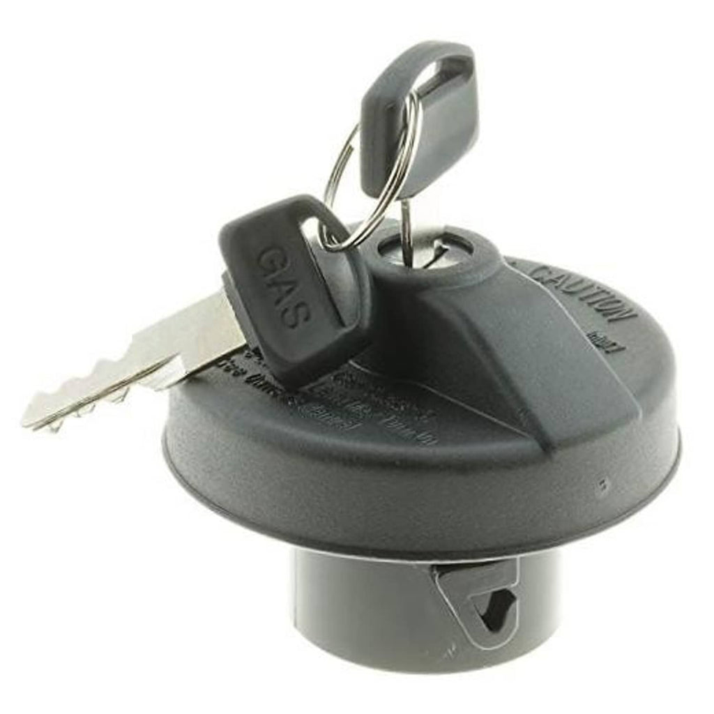 Locking fuel cap with key inserted and keyring loop, dark gray plastic