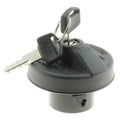 Locking fuel cap with key inserted and keyring loop, dark gray plastic