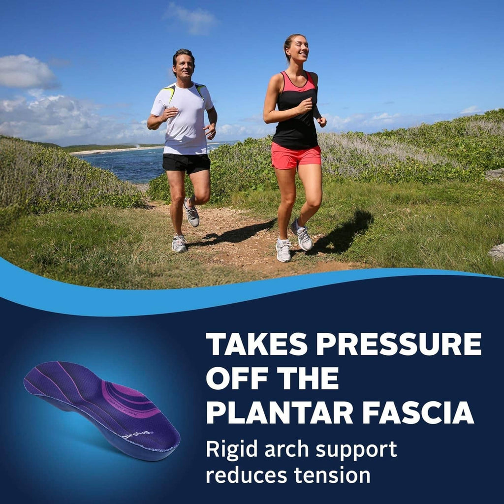 Purple plantar fascia orthotic insole insert with curved arch support, side profile