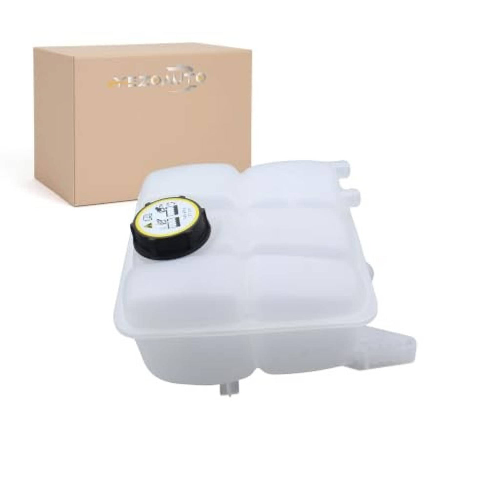 Pressurized coolant reservoir with black cap and translucent white plastic housing