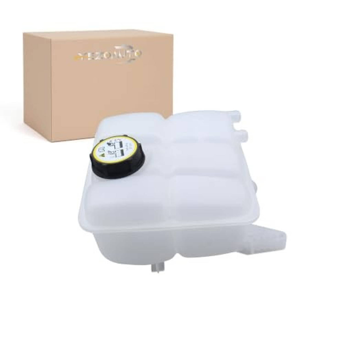 Pressurized coolant reservoir with black cap and translucent white plastic housing