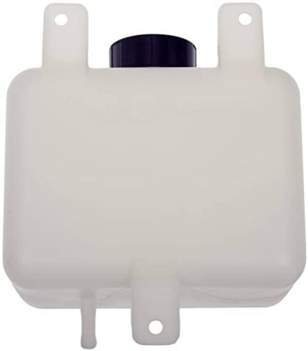 White fluid reservoir tank with dark cap and lower mounting tabs