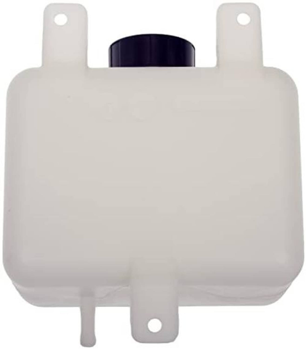White fluid reservoir tank with dark cap and lower mounting tabs
