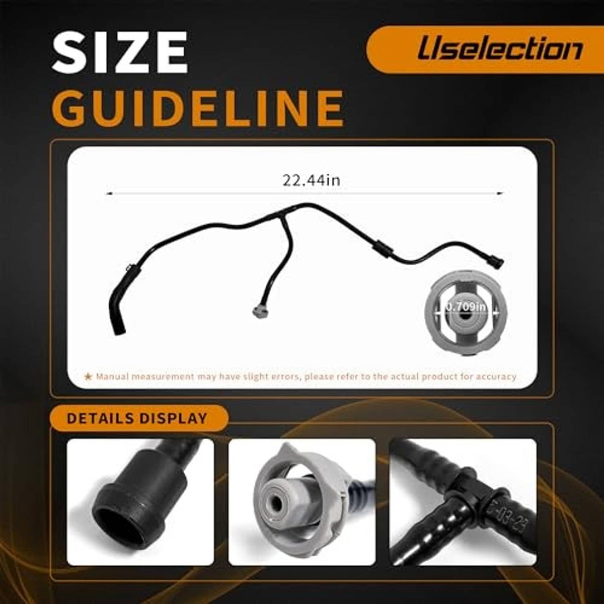 Radiator coolant reservoir hose size diagram with black tubing and metal ends