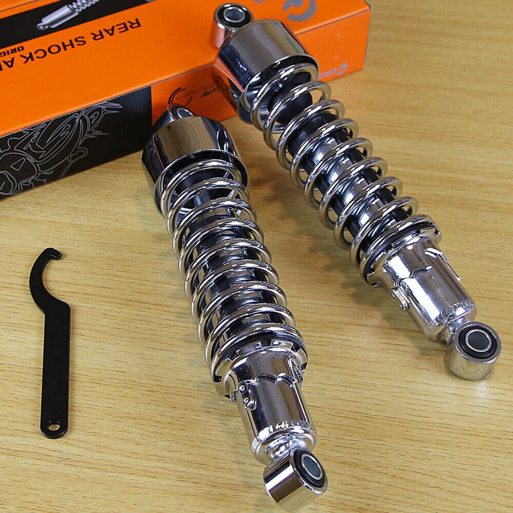 Harley rear lowering shocks, 11.75 in chrome coilover pair with bottom eyelet mounts