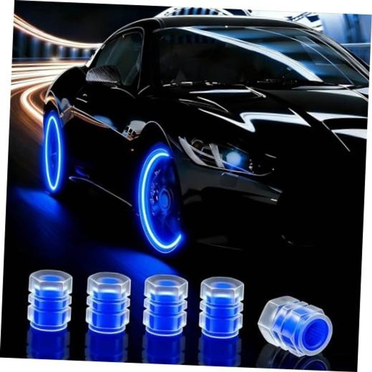 Blue translucent glow tire valve caps set with metal stem insert