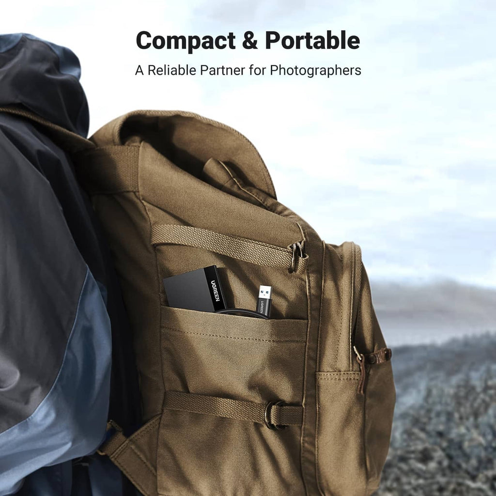 Ugreen 4-in-1 USB card reader adapter stored in a backpack pocket