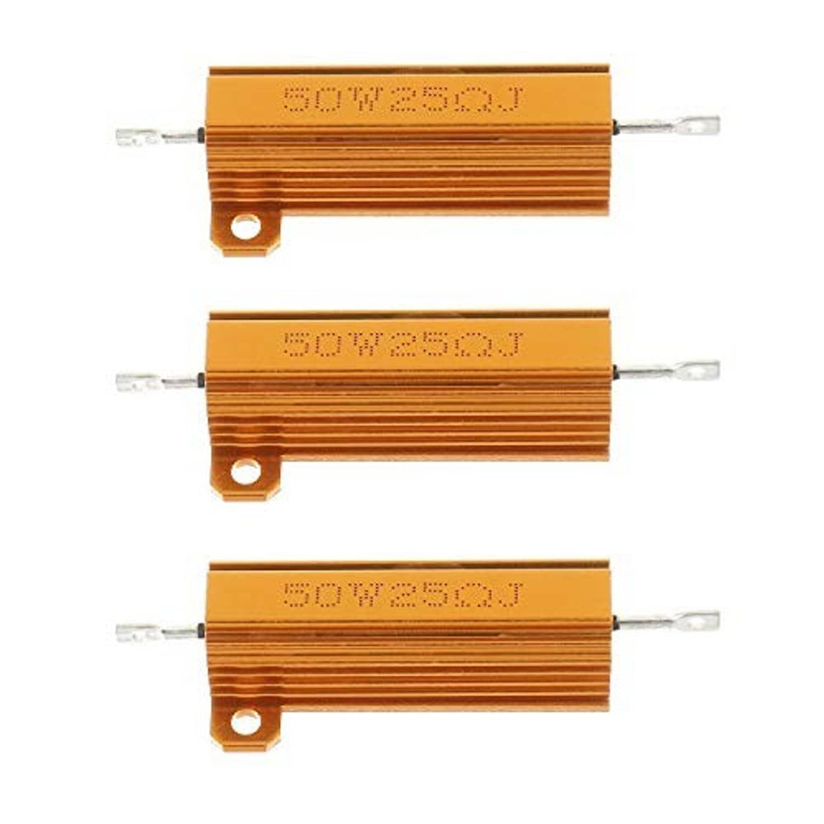 Three wirewound power resistors with aluminum cases, screw-mount brackets and leads, 25 ohm
