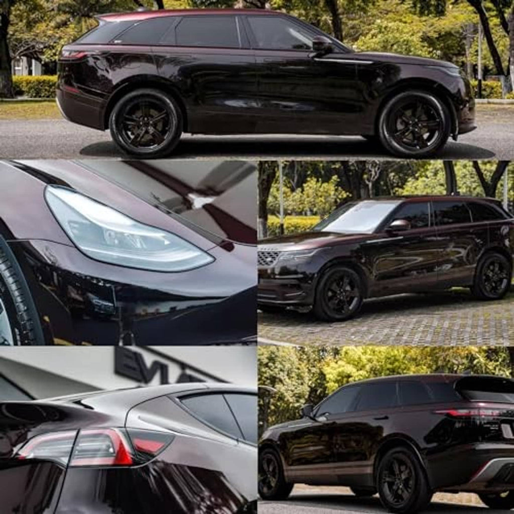 Black-to-red gloss chrome car wrap vinyl with reflective finish, side and close-up views