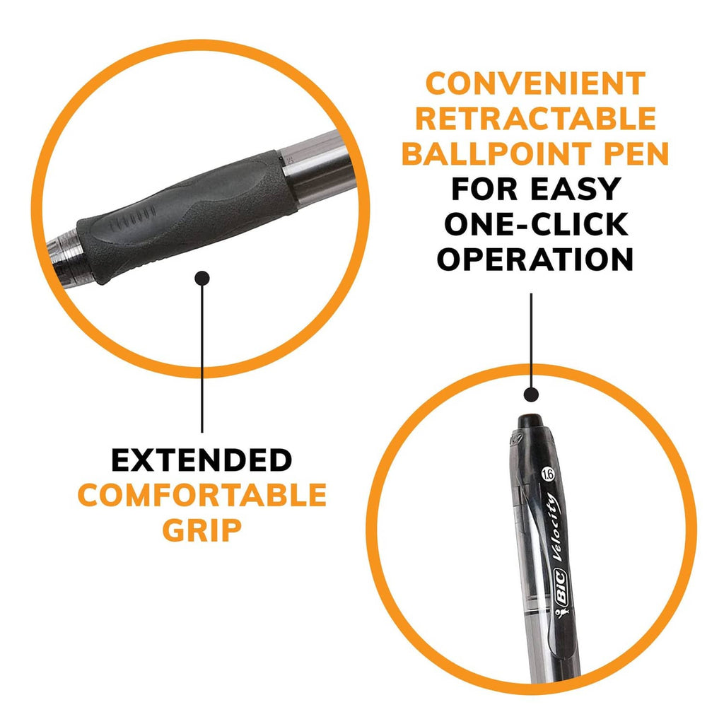 Retractable black ballpoint pen with extended comfort grip, BIC Glide Glisse.