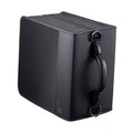 Black disc case wallet with textured front, carrying handle, and clasped straps