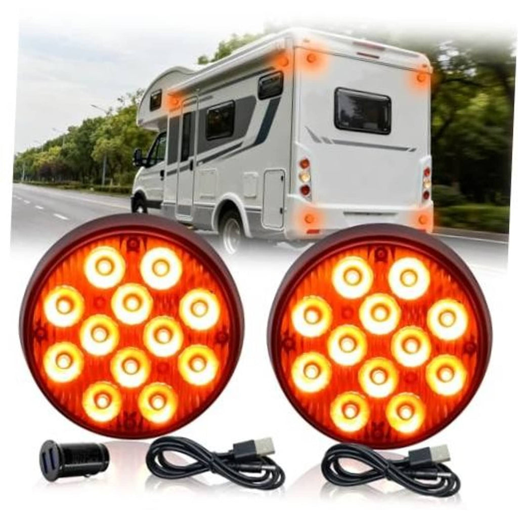Set of two amber round emergency strobe lights with black cables and mounting bases
