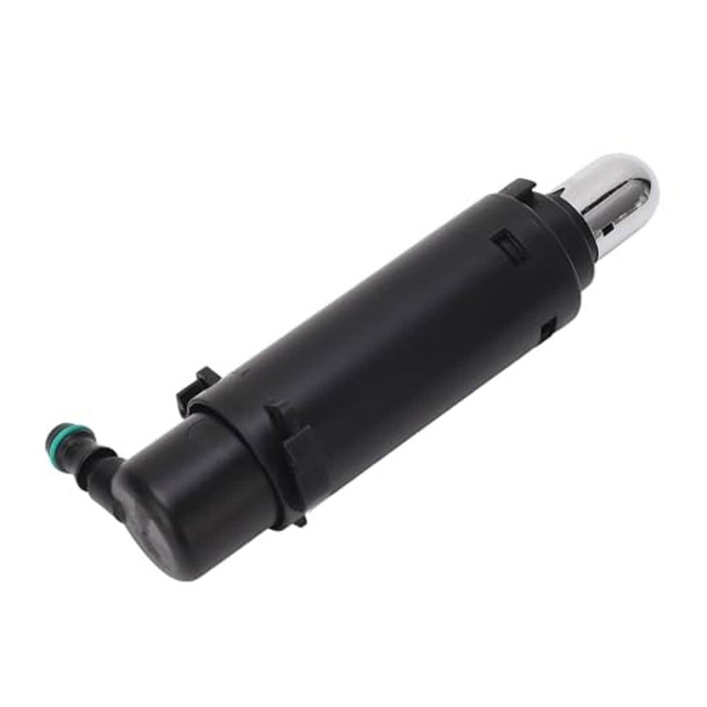 Headlight washer nozzle jet with black body and chrome spray outlet, showing side connectors