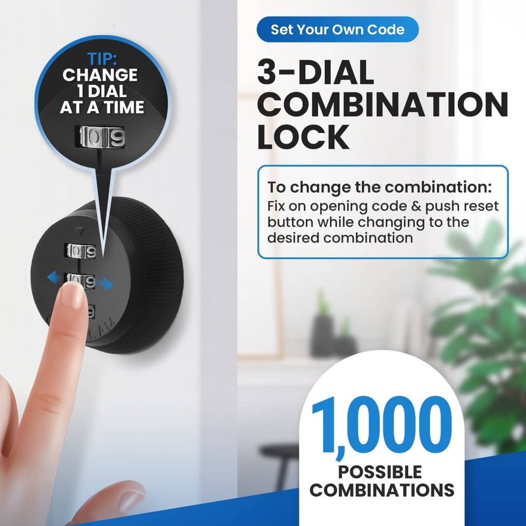 Black 3-dial combination cam lock with reset button on dial face