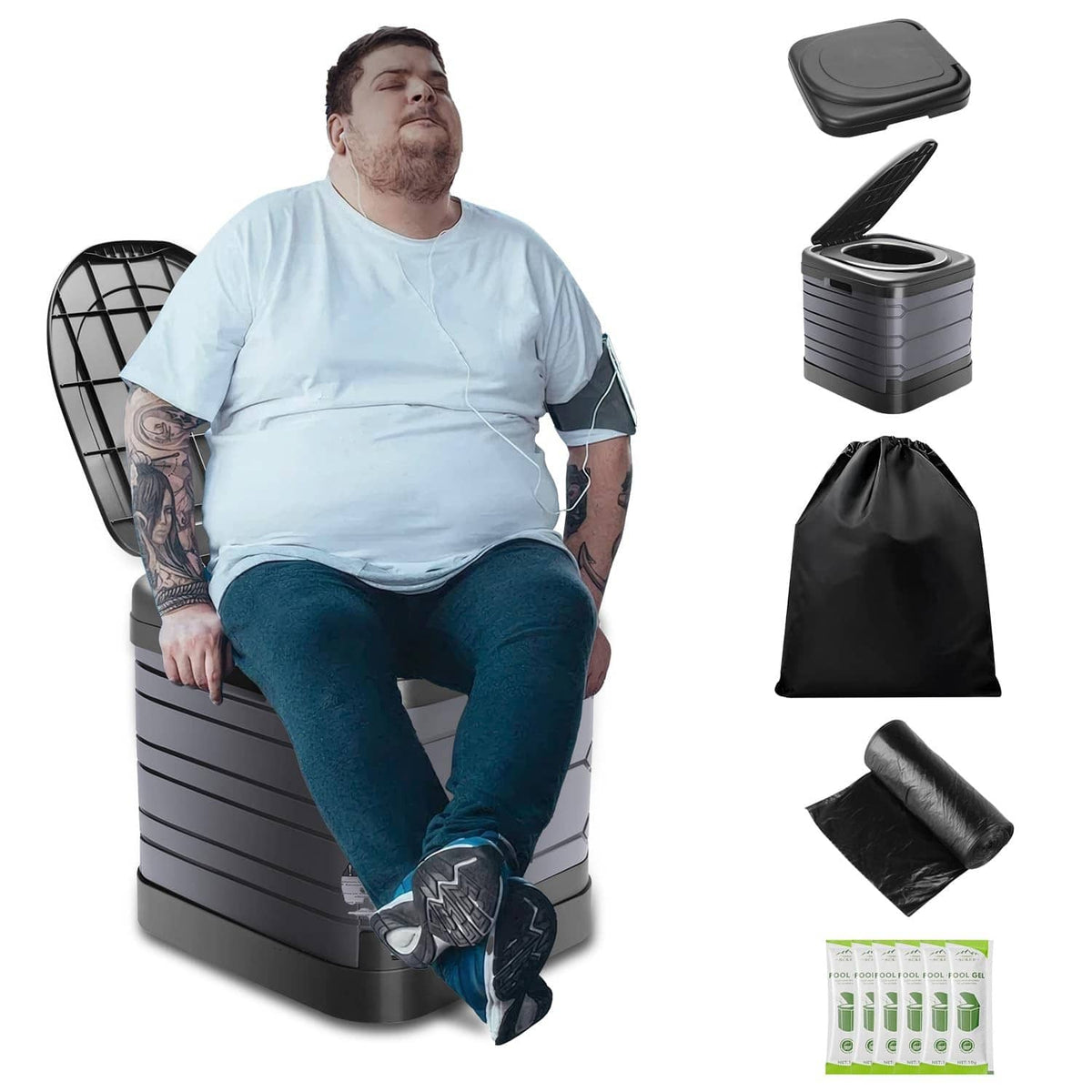 Black portable XXL camping toilet with open lid and included storage bag