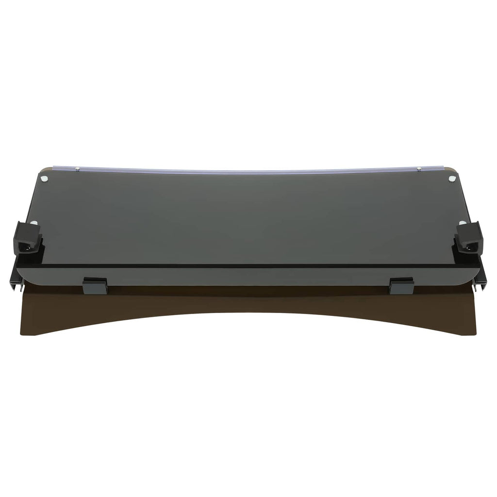 Front view tinted fold-down windshield with four corner mounting clips, EZGO TXT