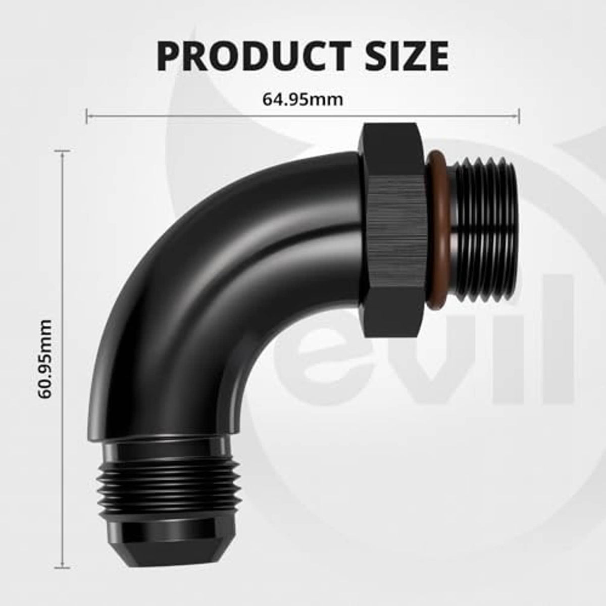 Black 90-degree AN elbow fitting showing overall size with curved tube and male threads