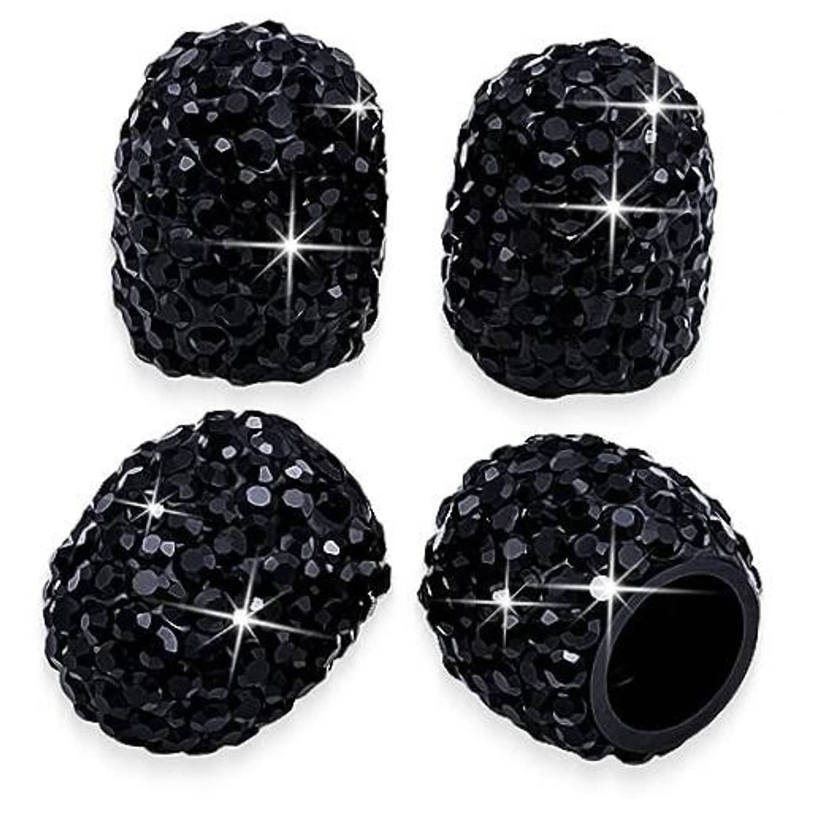 Black rhinestone tire valve caps, dustproof set of 4 with faceted sparkle texture