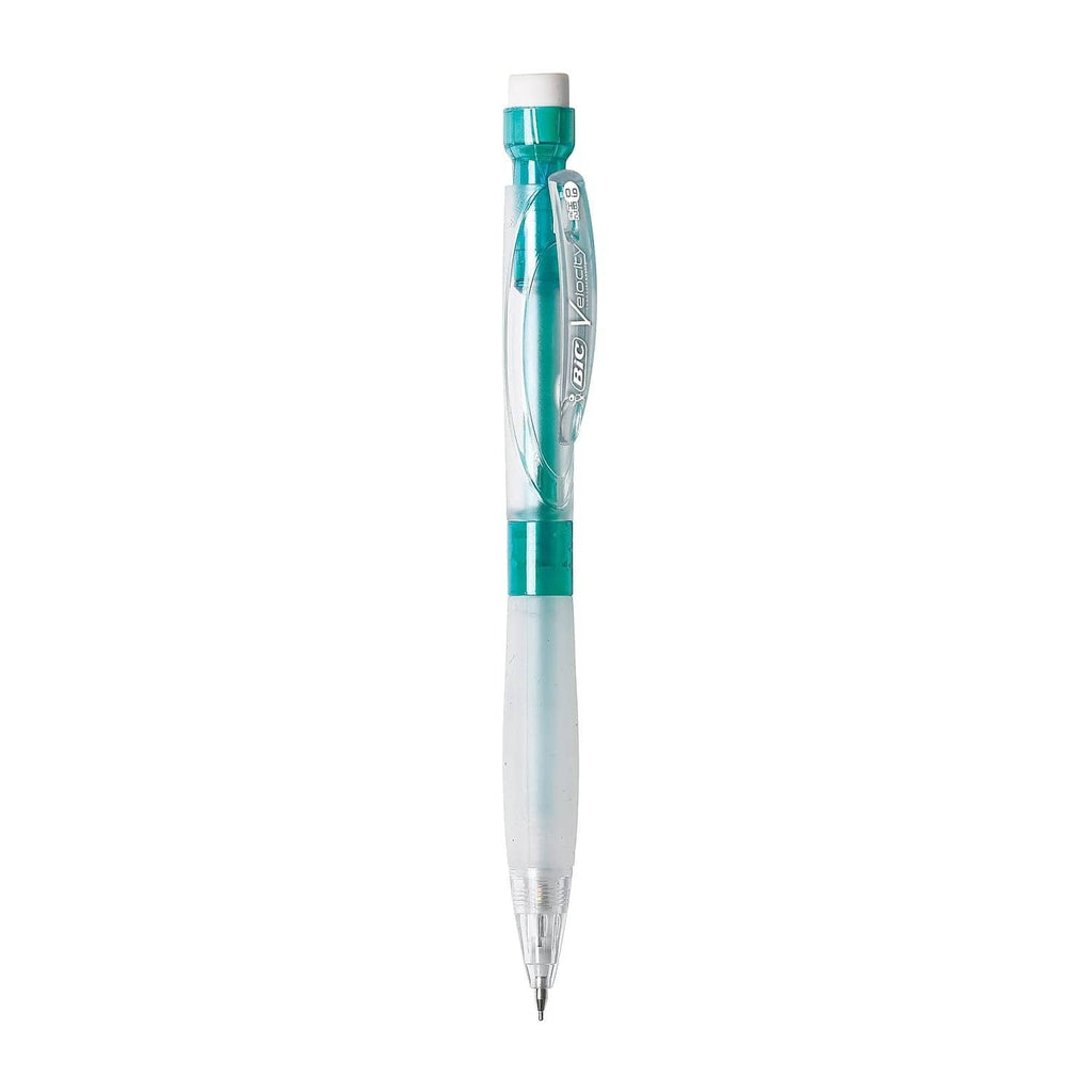 Velocity Max mechanical pencil, green body, clear barrel, side view with lead tip