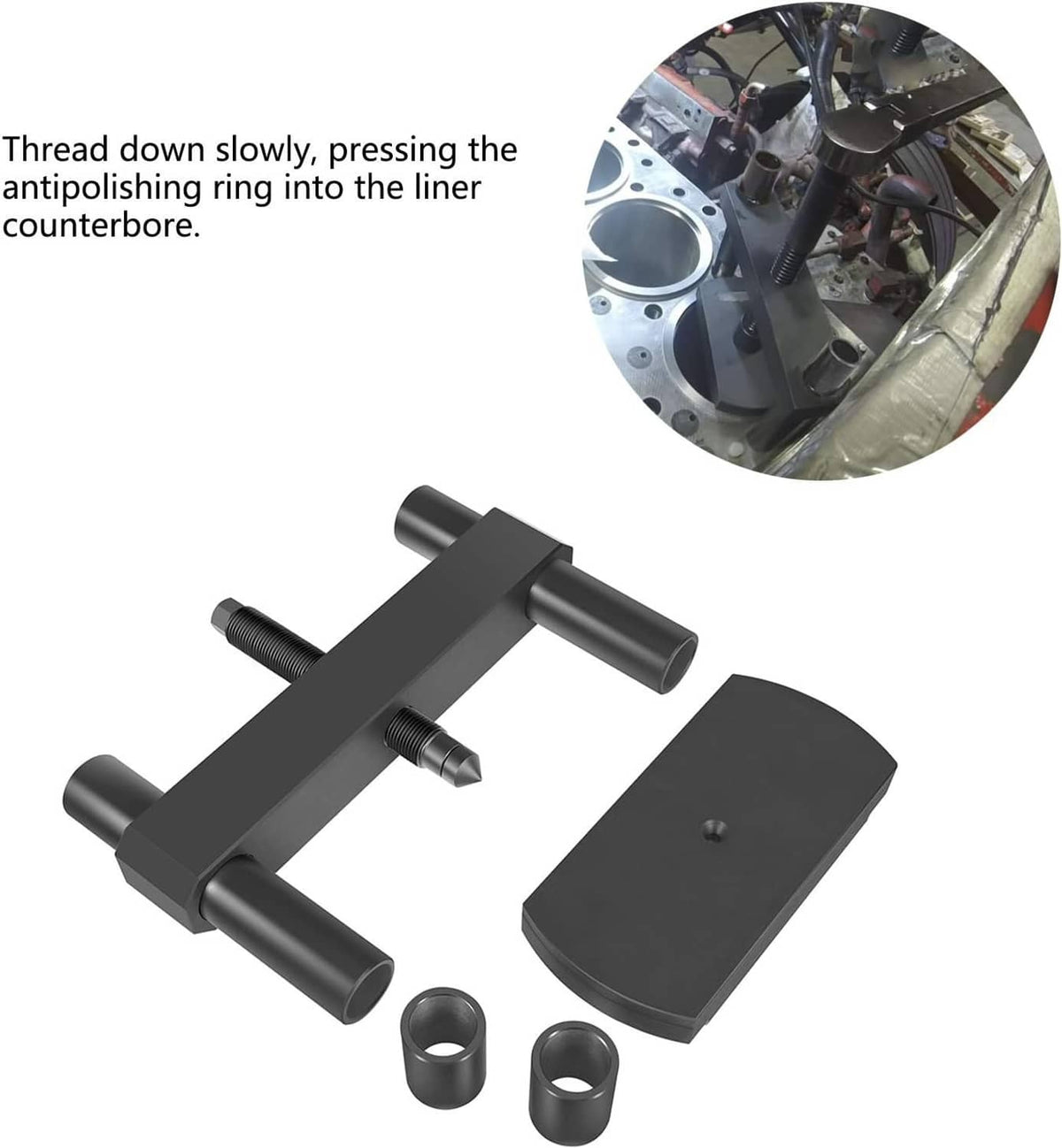 Cylinder liner press installer tool with threaded bar and curved support plate