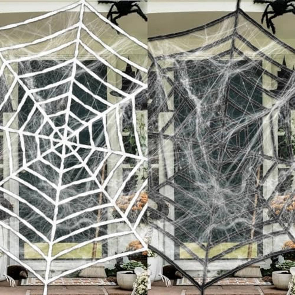 Large white spider web and dark gray spider web stretched in cube pattern