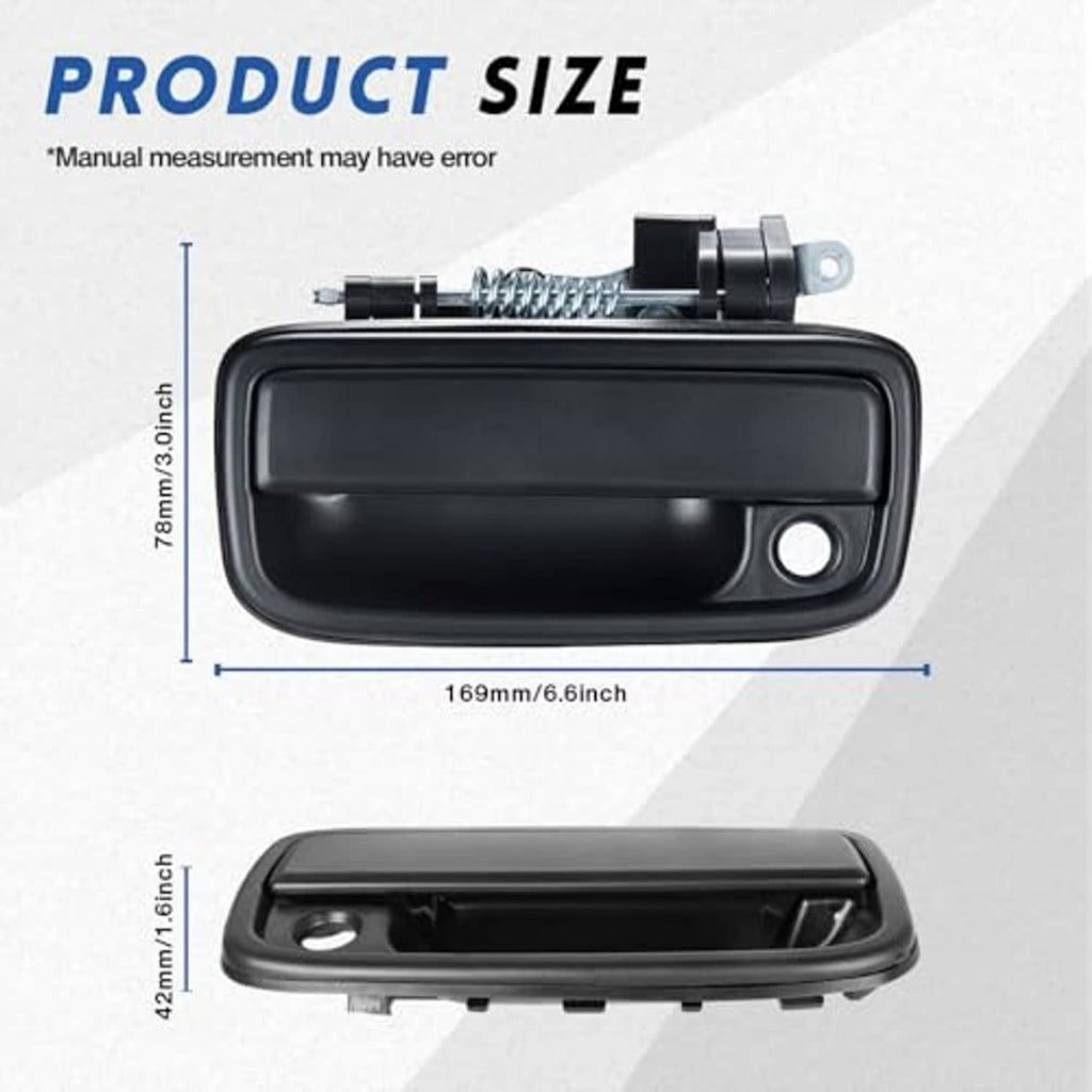 Black exterior door handle showing manual spring mechanism and round key hole opening