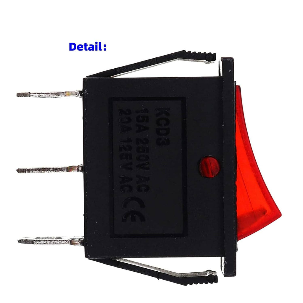 Rock switch underside view with printed rating label, red translucent actuator, and pins